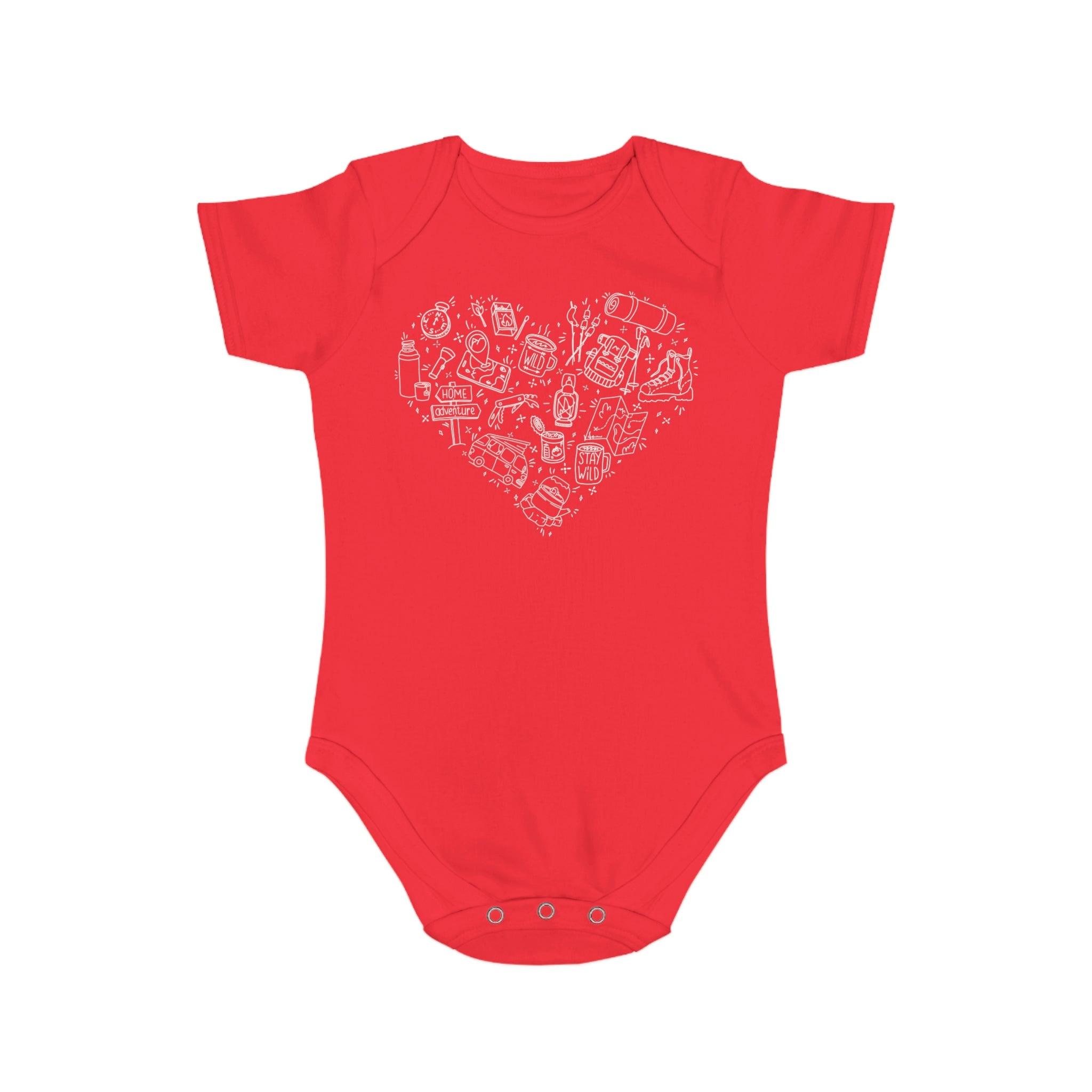 Camping Illustration Heart 100% Cotton Short Sleeve Baby Bodysuit - Melomys