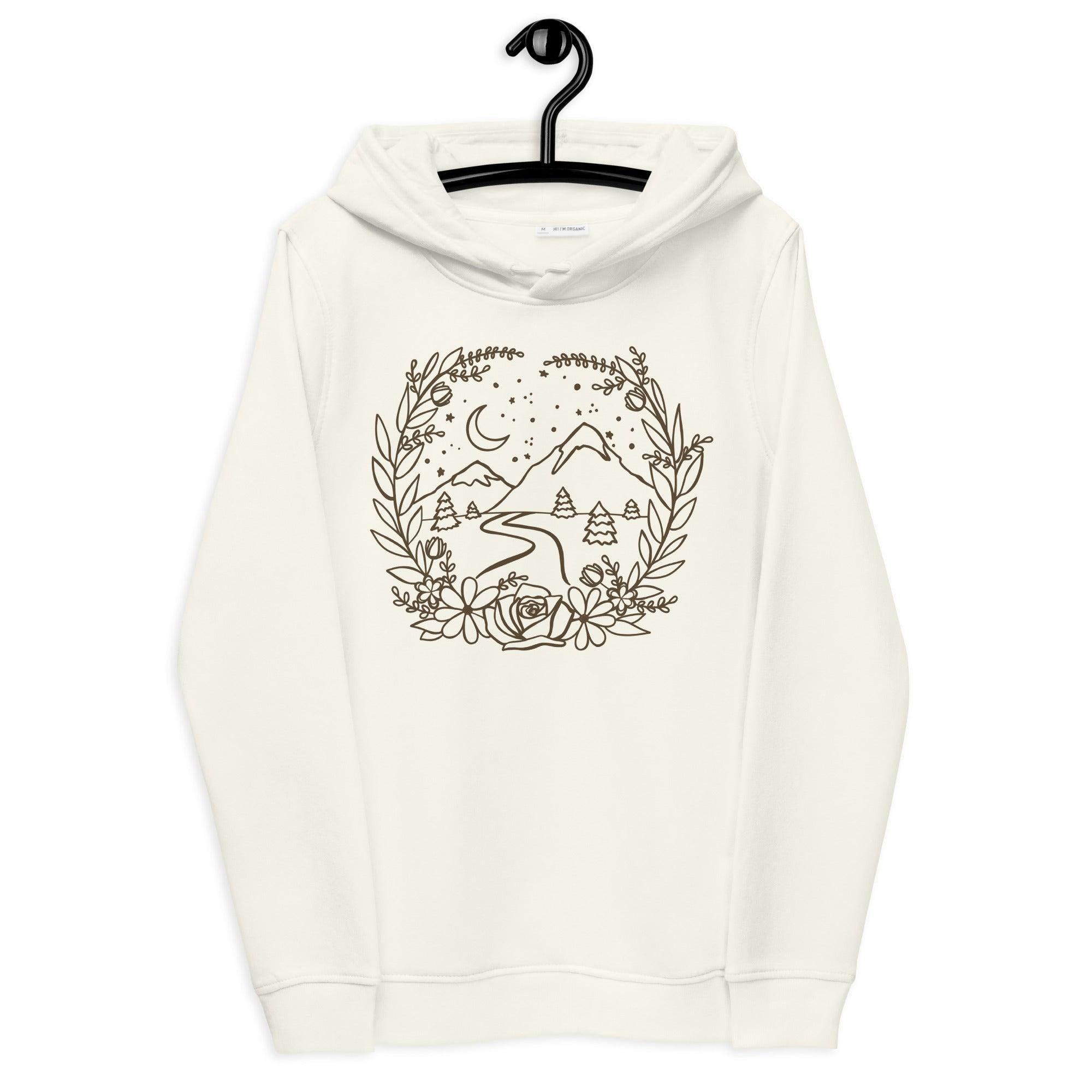 Mountain with Floral Frame Women's Organic Cotton and Polyester Fitted Hoodie - Melomys